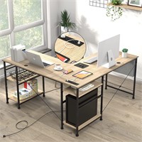 L Shaped Desk with Storage Shelves,95.2 Inch