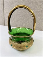 Vintage gold Trim green Glass Basket w/ Jewels