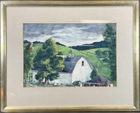 Signed Country Barn Watercolor Painting