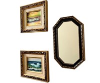 TWO OIL PAINTINGS & WALL MIRROR