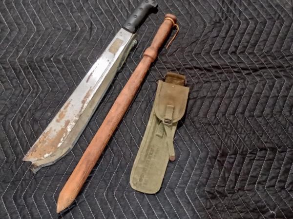 Vintage Collection of Billy Club, Machete, and Gun