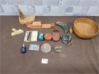 Ash tray, stones, vintage items, wood cabin, etc