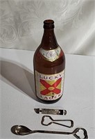 Lucky Lager beer bottle and openers