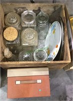 Old wood crate, with 8 glass jars, metal storage