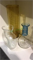 3 glass vases, Blenko water pitcher, blue swirl