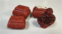 Chinese Cinnabar Trinket Boxes and Snuff Bottle