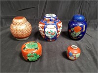 Group of Asian hand painted porcelain urns, etc