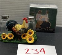 Rooster salt and pepper shakers and coasters