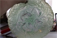 Large Green Satin Glass Bowl with Koi Goldfish