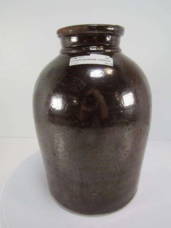 GLAZED REDWARE STORAGE JAR - 9" TALL