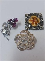 Lot of Vtg. Brooches w/ Various Clear Stones