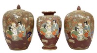 (3) SATSUMA STYLE ENAMELED PORCELAIN JARS & VASE