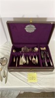 51 Pc. Mixed Silver Plate Pieces w/ Wood Storage