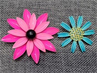 Flower Brooches: Metal Pink & Blue Enamel