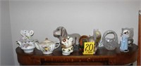 glass basket; 2 tea pots; figurines; doll