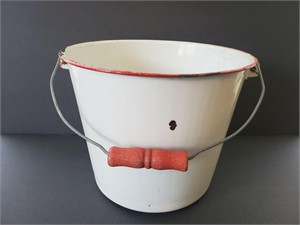 White and red trim enameled pot