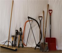 SHOVELS, PIPE WRENCHES, 24'' BROOM, BOW SAWS