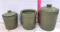 3 pc Ceramic Green Canisters. Missing 1 Lid