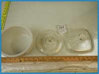 MILKY GLASS BOWL AND TWO LIDS