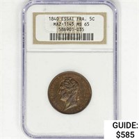 1840 Bronze Essai France 5C NGC MS65