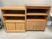 Two wood-look rolling utility carts/ cabinets.