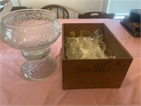 Glass punch bowl, cups, plastics spoon