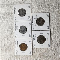 5 Canadian Nickels 1943 XF,1944 XF,1945 XF, 1946
