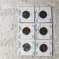 6 Canadian Nickels 1943 XF,1944 XF, 1945 XF, 1946