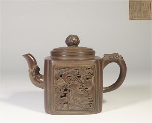Qianlong Mark, Chinese Yixing Zisha Teapot w Crane