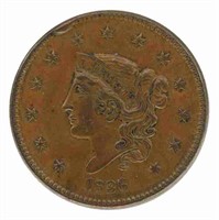 1836 US CORONET HEAD 1C COIN XF/AU