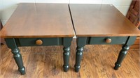 Pair of end tables, brown/green, edge wear, 2