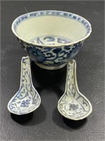 Antique Blue & White Chinese Bowl w/ Spoons