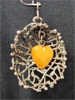 Amber Heart Brutalist Silver Brooch Vintage