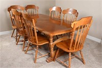 Vintage Oak Inlay Colonial Dining Table & Chairs