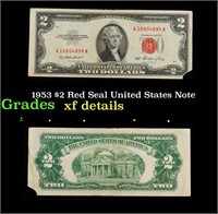 1953 $2 Red Seal United States Note Grades xf deta