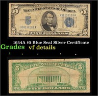 1934A $5 Blue Seal Silver Certificate Grades vf de