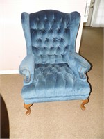 Vtg Blue Velour Tufted Wing Back Chair