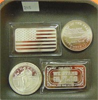 Silver Rounds (2), Silver Bars (2) 1 troy oz each