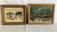 2 Antique Winter Scene Prints Signed Moses