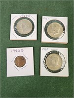 1946S wheat penny, 1968D Kennedy half dollar, two