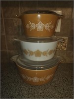 3 vintage orange and white Pyrex dishes