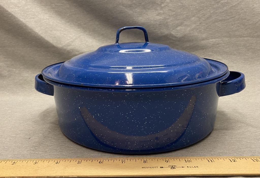 Vintage Blue Speckled Enamel Pot with Lid