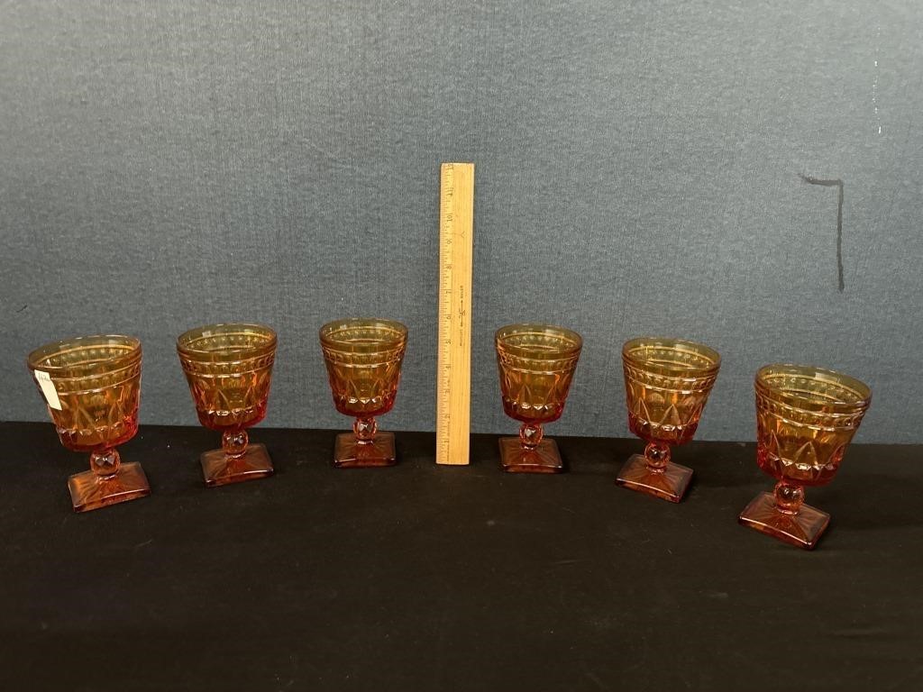 6 Indiana Glass Amber Park Lane Wine Glasses