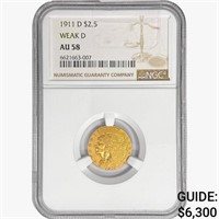 1911-D $2.50 Gold Quarter Eagle NGC AU58 Weak D