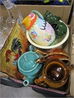 tea Pots, Pitcher, Soup Bowls, Rooster Plate