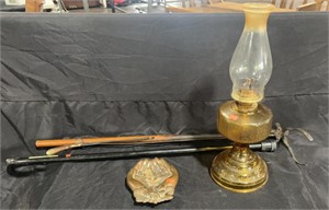 Oil Lamp, a cane, grabbers and two hand jewelry