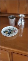 4 ounce Gorham sterling cup, bird plate and vase