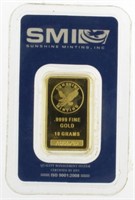 10 Gram SMI Certified .999 Pure Gold Bar