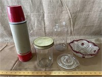 2 jars, glass juicer, cut glass bowl, and more