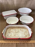 Set of enamel dishes: 3 bowls, 1 pan, baking dish